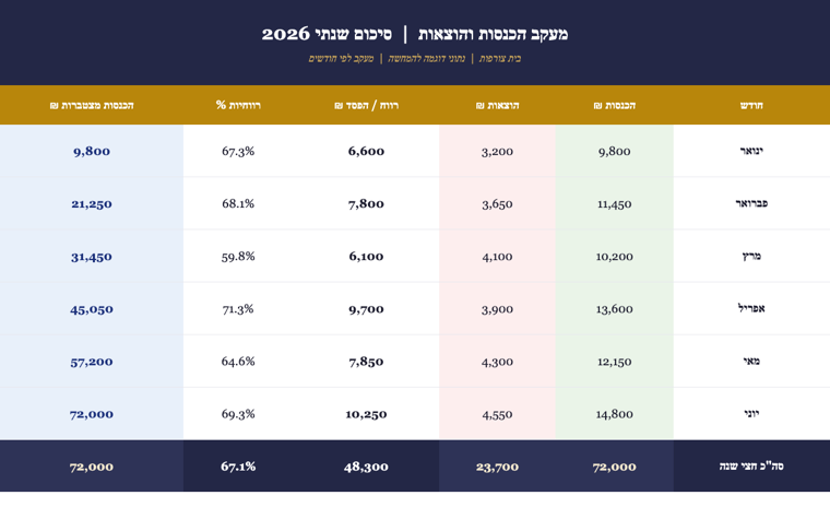 מעקב רווח והפסד חודשי שנבנה לצורפת עצמאית